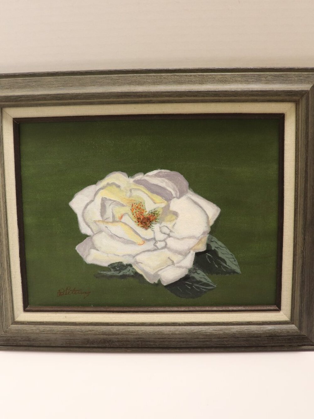 B. Peterson Signed White Rose Still Life Painting 9x12 Canvas Board Framed